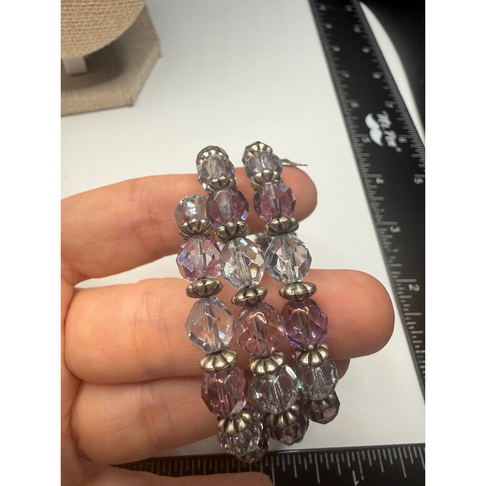 Lavender Purple Iridescent Faceted Glass Bead Wrap Bracelet Triple Strand Bow